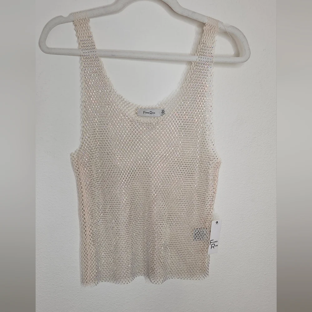 Faded Rose Mesh And Rhinestone Cream Tank Top - Size Medium - Picture 5 of 16
